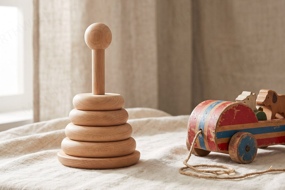 Two wooden toys on a pale table: on the left a bare unpainted beech ring stacker, on the right an older wooden pull-along with chipped painted stripes.
