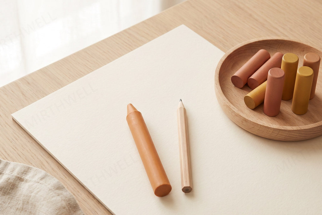 A thick wax crayon and a wooden pencil lying on a sheet of plain cream paper on a light oak table, next to a small wooden tray of coloured wooden pegs.