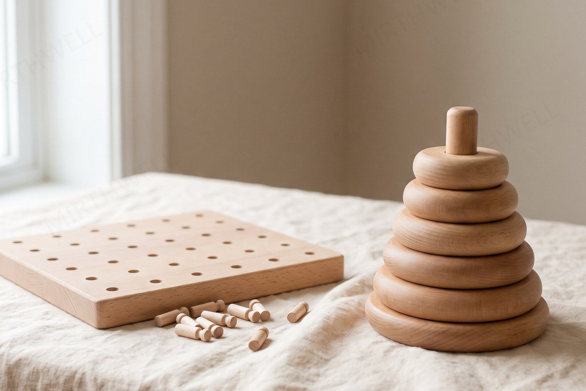 A wooden peg board with loose pegs on a cream cloth beside a wooden stacking ring toy with large rings, in natural window light.