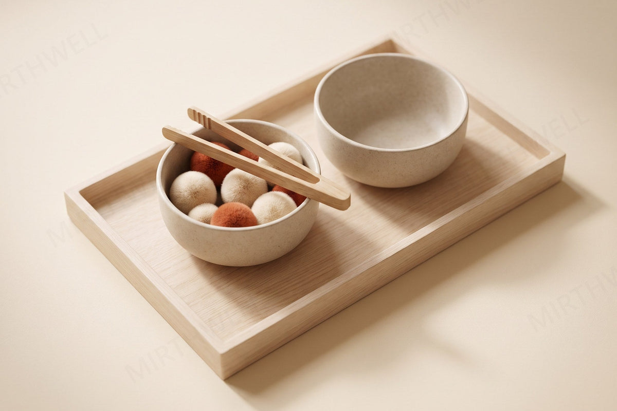 Wooden tongs resting across the rim of a small ceramic bowl of pompoms on a wooden tray, with a second empty bowl beside it.