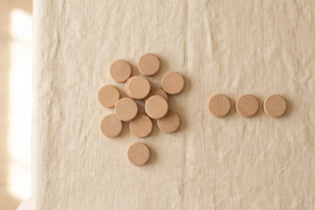 A loose pile of small identical wooden counting discs on a cream tabletop, with four discs set apart from the pile in a short row.