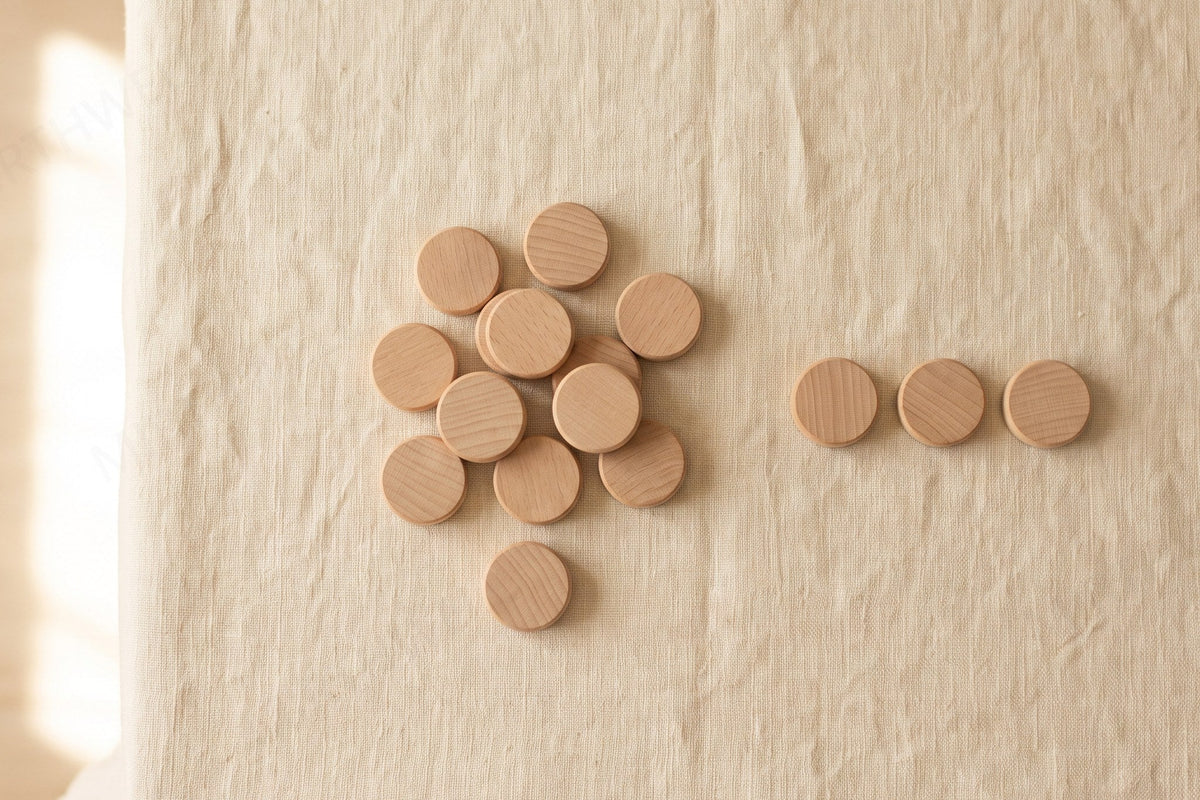 A loose pile of small identical wooden counting discs on a cream tabletop, with four discs set apart from the pile in a short row.