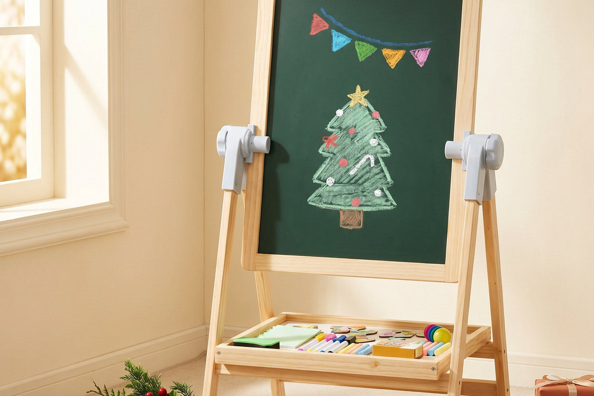 A wooden standing easel with a chalk Christmas tree drawn on its chalkboard, art supplies in the tray and a wrapped present on the floor beside it.