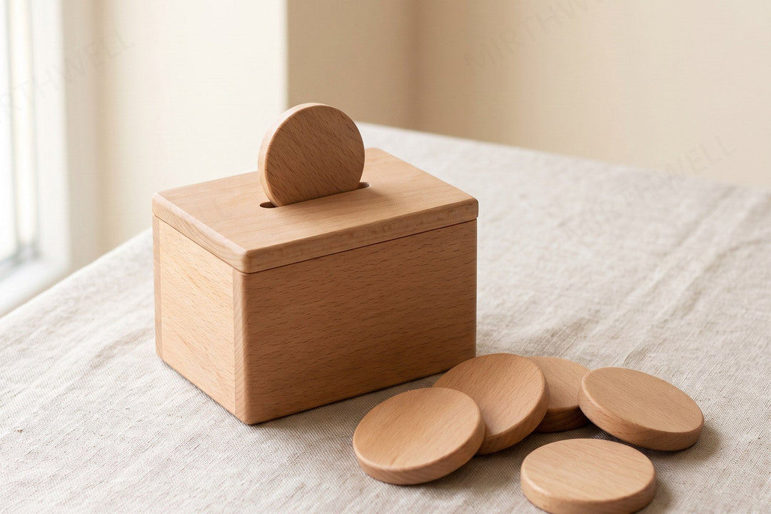 A small wooden coin bank with a narrow slot in the lid, several smooth wooden discs scattered beside it, one disc resting half inside the slot.