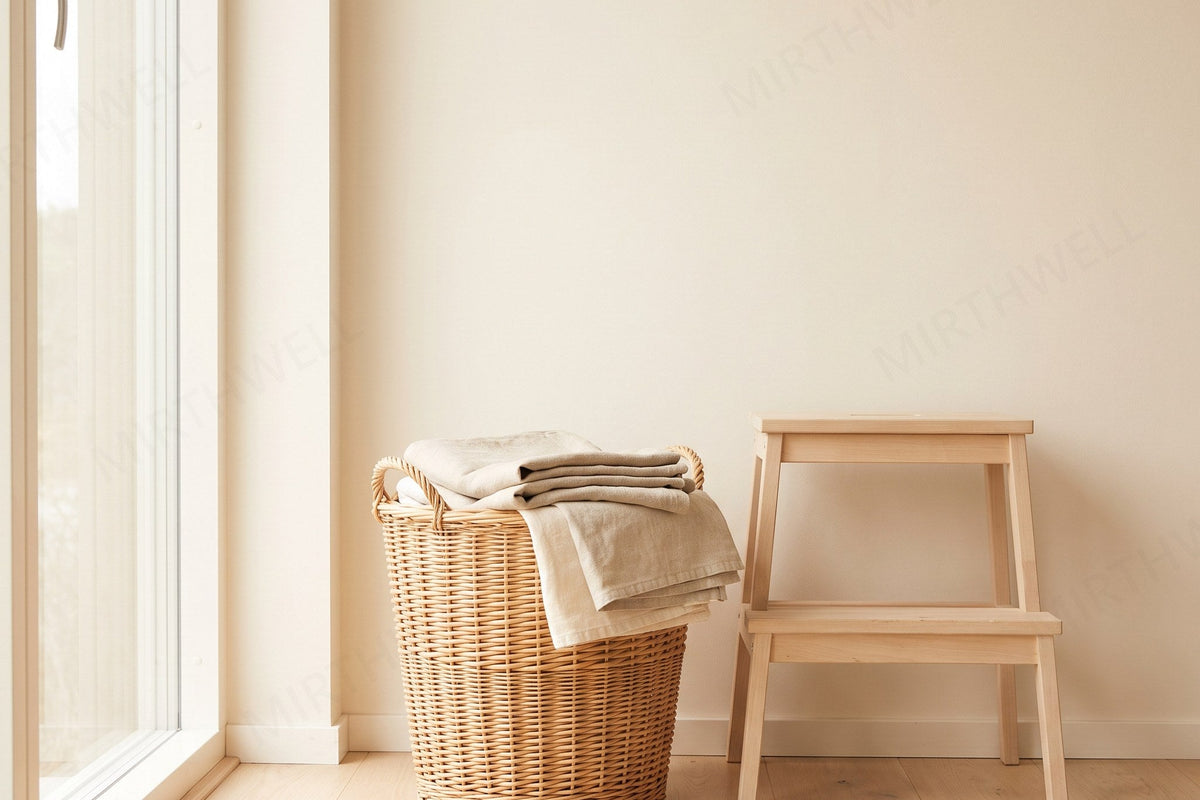 A half-full wicker laundry basket of folded oatmeal-coloured cloths on a pale wooden floor beside a small wooden step stool, lit by soft window light.