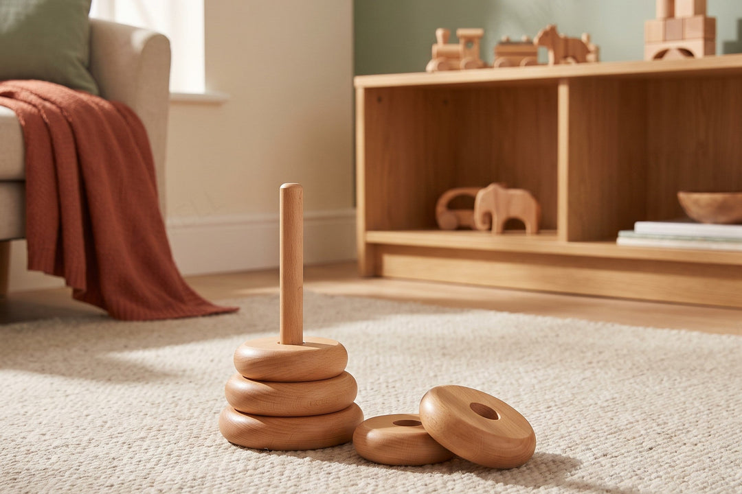 A wooden ring-stacker left part-built on a rug beside a low shelf of wooden toys