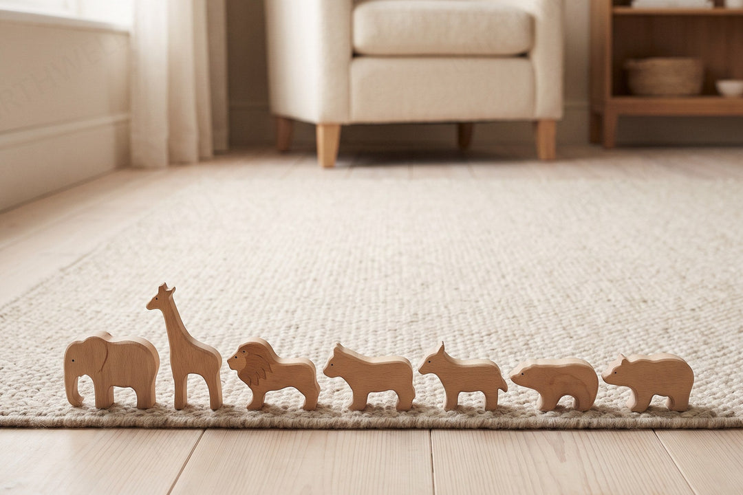 Nine small wooden animal figures arranged in a single straight row along the edge of an oatmeal wool rug on a pale wooden floor.