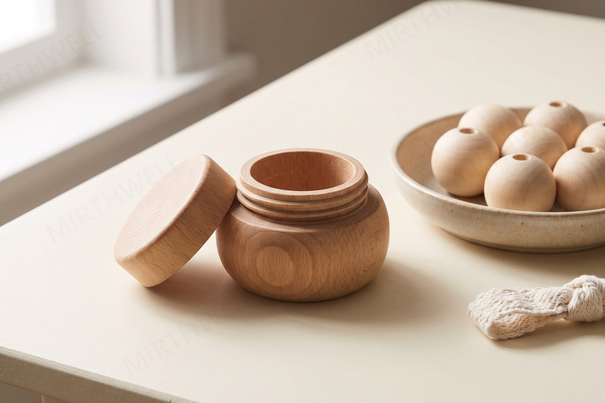 A small wooden jar with its screw lid half off, next to a shallow oatmeal ceramic dish holding large natural wood beads and a short stiff lace, on a pale cream tabletop.