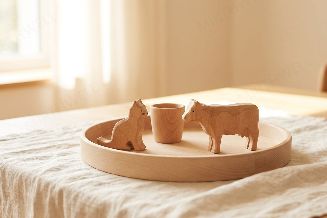 A low wooden tray on a cream tablecloth holding three small carved wooden objects: a cat, a cup and a cow, with no letters or text anywhere.