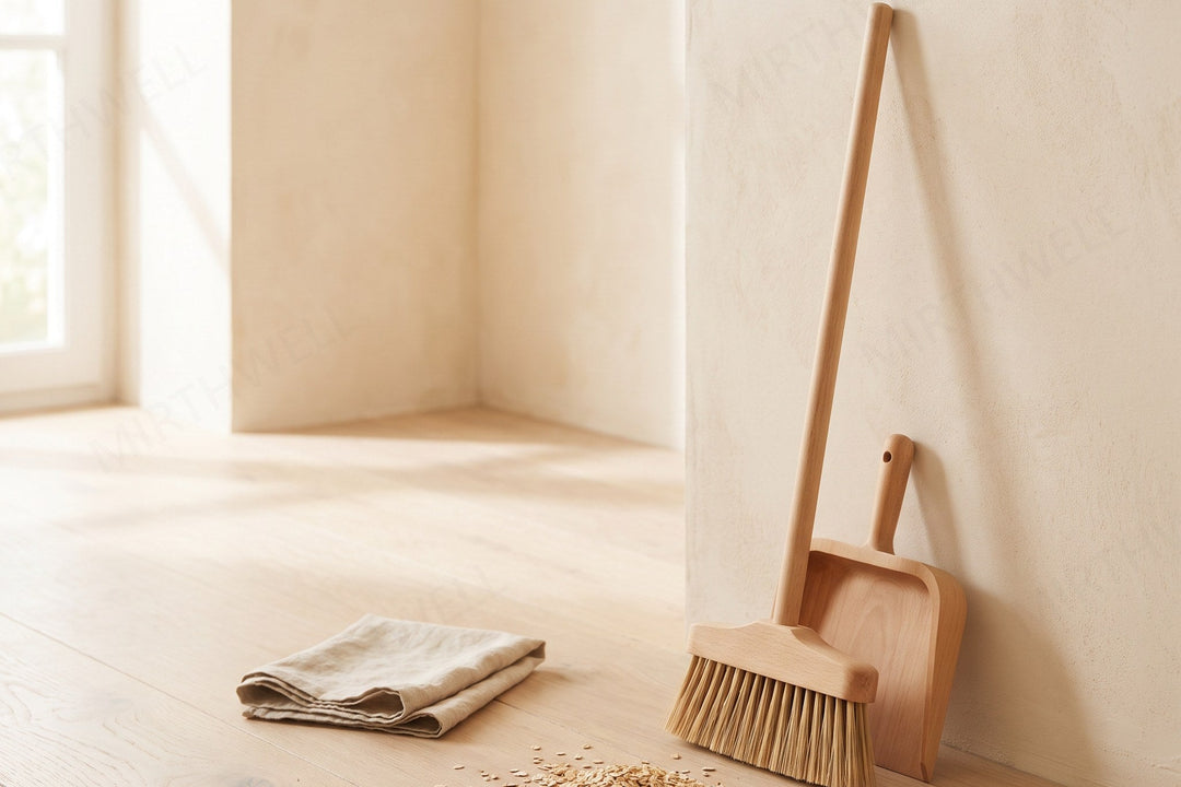 A child-sized wooden broom and dustpan leaning against a cream wall, with a small scatter of dried oats on a wooden floor beside them.