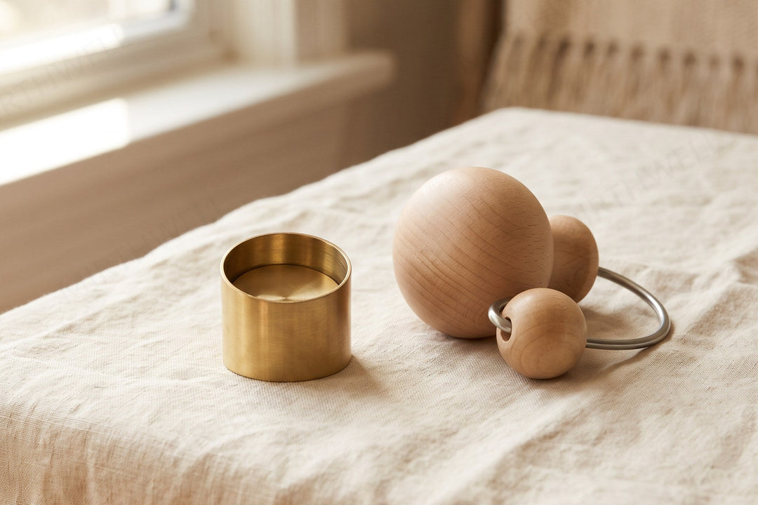 A short brass cylinder with a slanted base standing on a cream linen cloth, beside a large wooden knob and a wooden bead fixed on a curved wire.