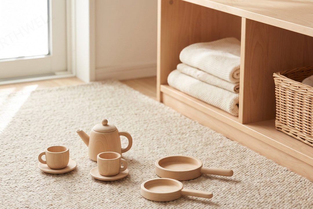 A wooden toy tea set and two small wooden pans arranged on an oatmeal rug beside a low pale wooden shelf.