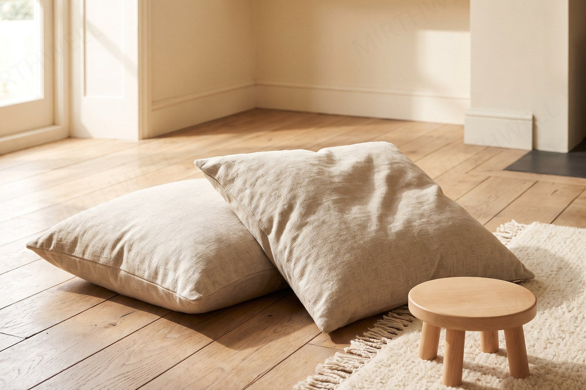 Two oatmeal-colored couch cushions lying on a wooden floor beside a low wooden stool and the corner of a cream rug, in morning light from a window.