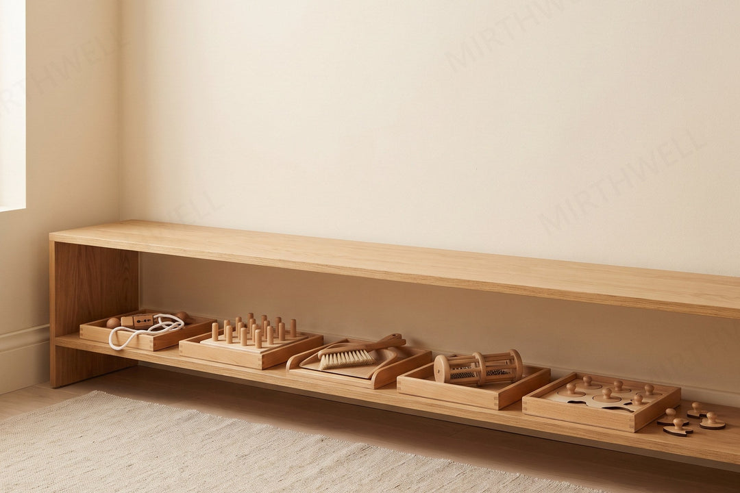 A low wooden shelf with five separate trays spaced apart, each holding one wooden toy, one tray pulled slightly forward.