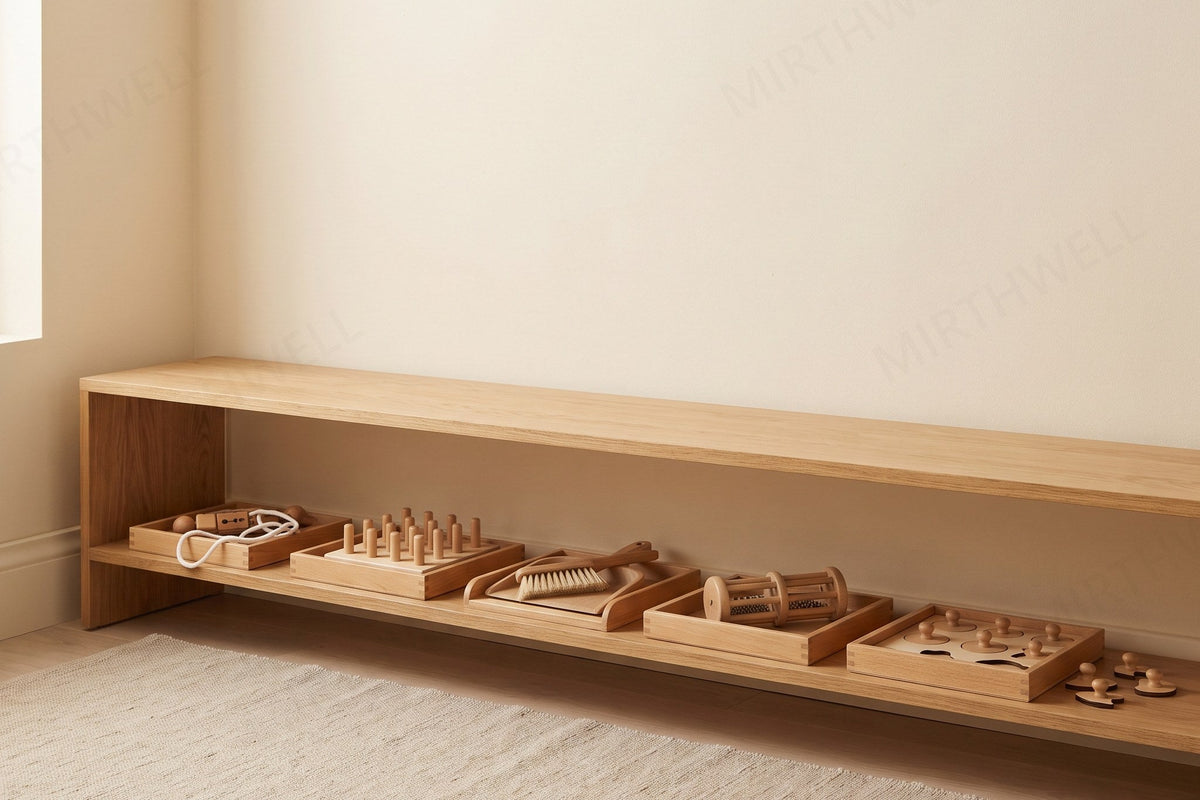 A low wooden shelf with five separate trays spaced apart, each holding one wooden toy, one tray pulled slightly forward.