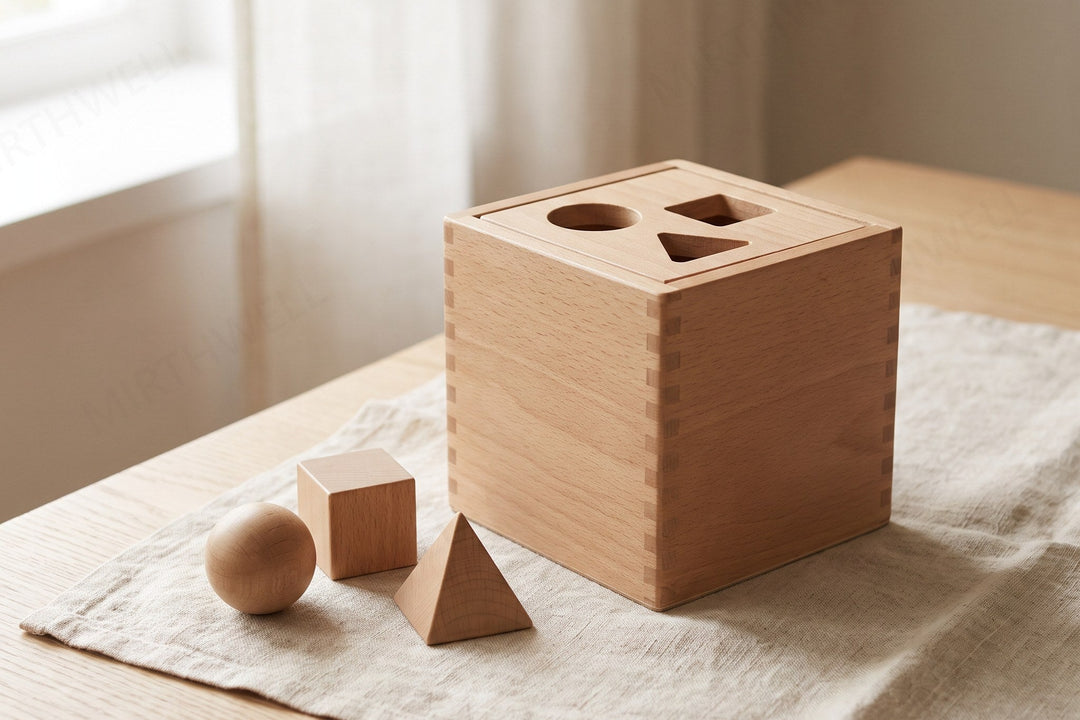 A wooden shape sorter box with a round, square and triangular hole cut in its lid, and the three matching wooden blocks lying beside it on a cream linen cloth.