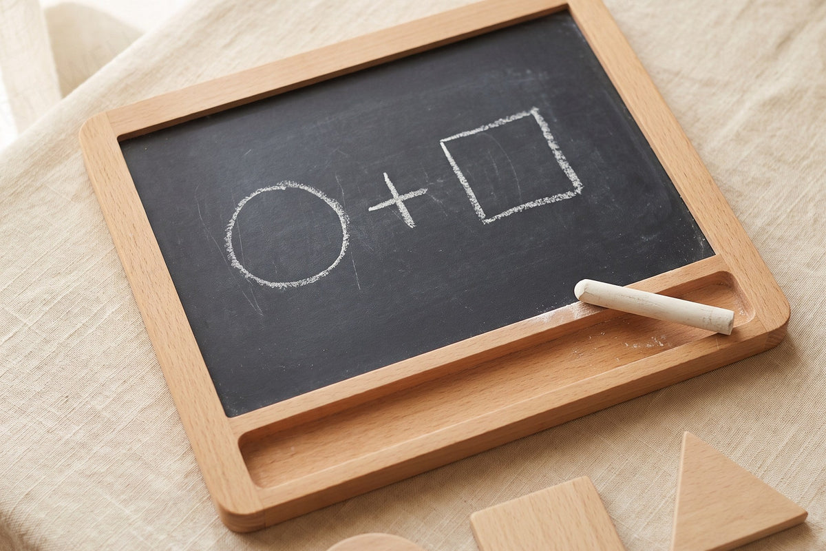 A small chalkboard on a wooden tray with a circle, a cross and a square drawn in white chalk, a stick of chalk beside it, on a cream tablecloth