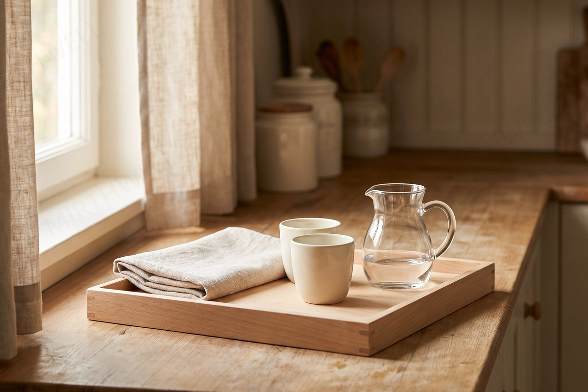 A low wooden tray on a kitchen counter holding two small ceramic cups and a folded cotton cloth, with a small glass jug beside it.