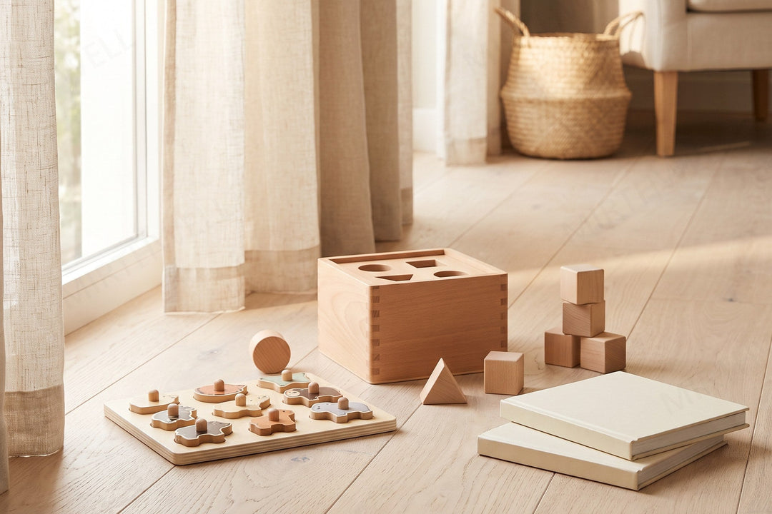 A wooden puzzle, a shape sorter and a stack of wooden blocks arranged on a pale oak floor beside two board books, lit by daylight from a window.
