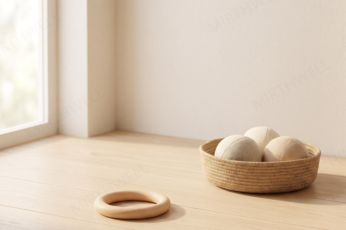 A wooden ring lying on bare floorboards a few feet from a low woven basket, in morning light
