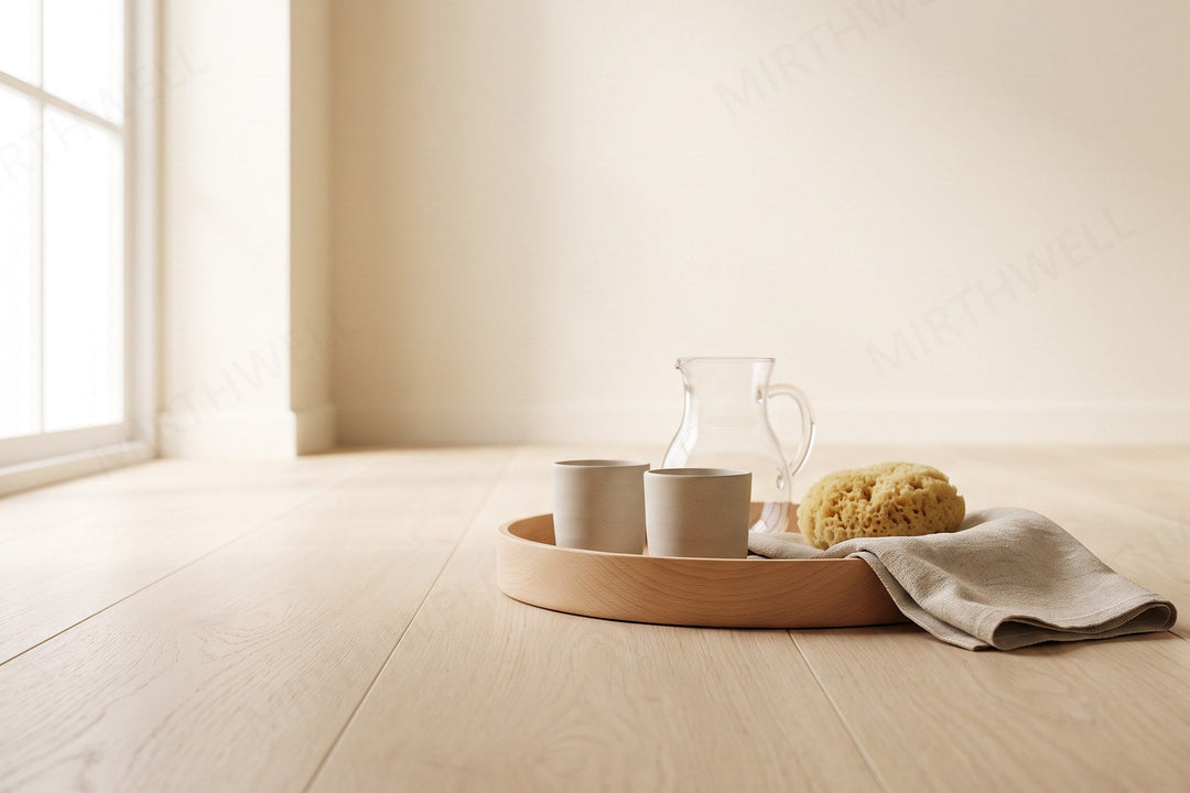 A low wooden tray on a pale oak floor holding a small glass jug, two ceramic cups, a sponge and a folded oatmeal cloth, with morning light falling from a window on the left.