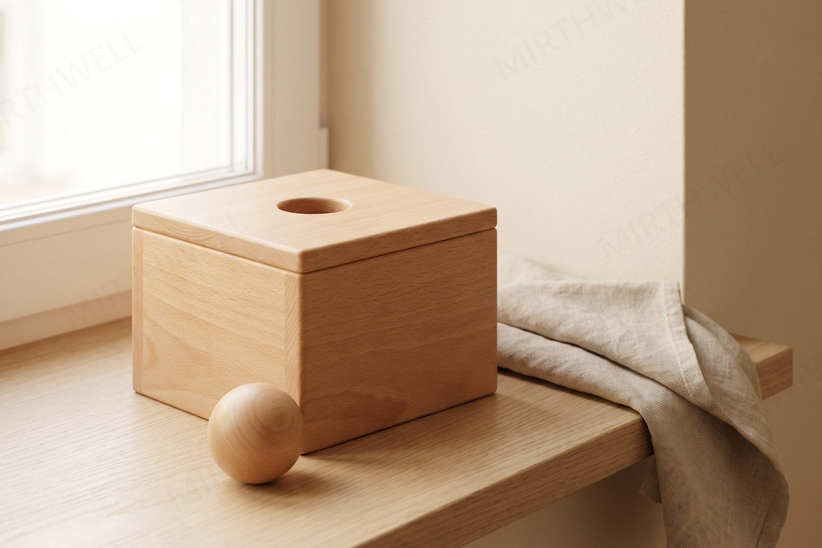 A plain wooden posting box with one round hole and a single wooden ball resting beside it on a pale oak shelf.
