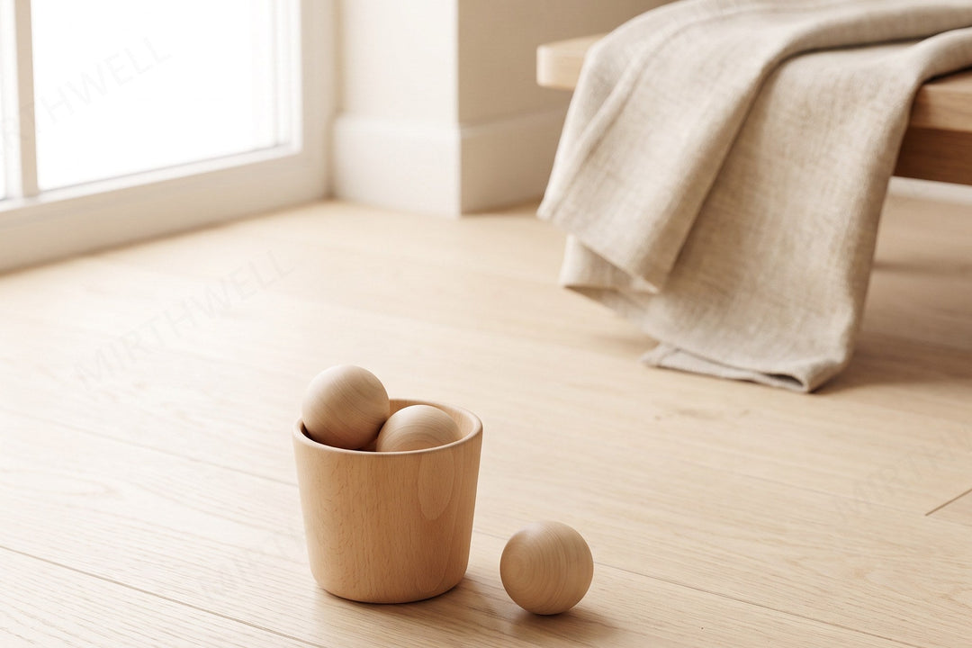 A small wooden cup on a pale oak floorboard with three wooden balls, two inside the cup and one beside it.