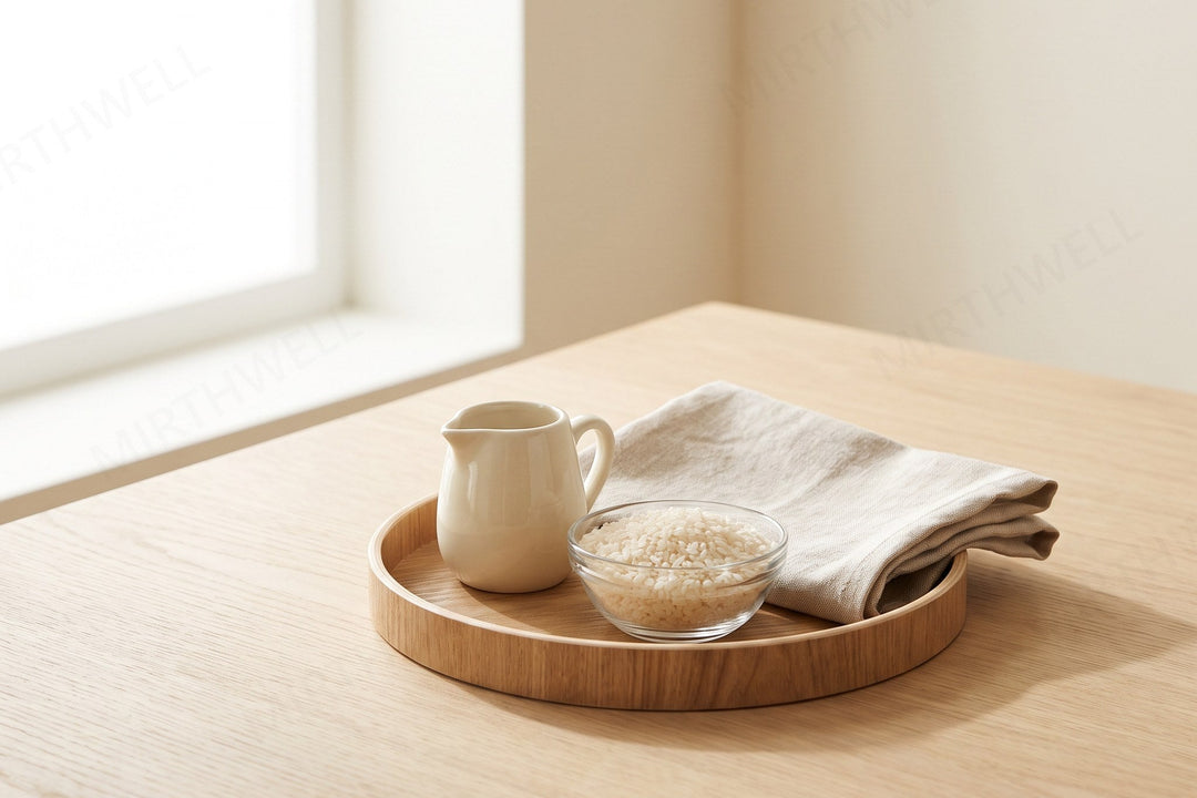 A small round wooden tray on a pale wooden table holding a miniature cream ceramic pitcher, a small glass bowl of dry white rice, and a folded linen cloth.