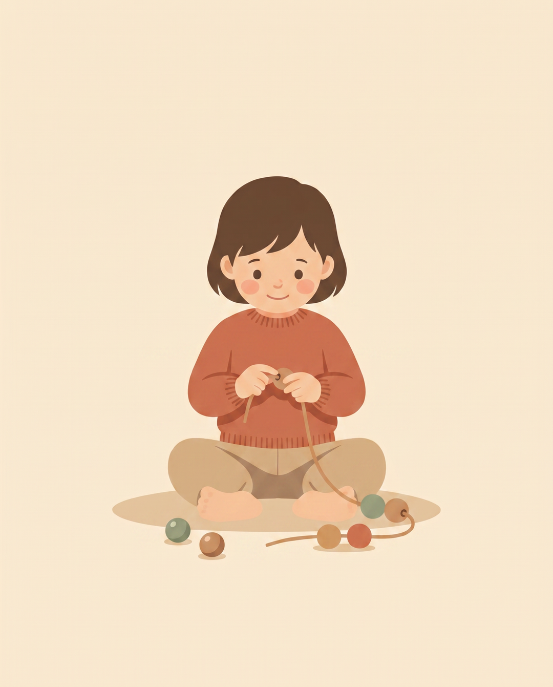 Illustration of a young child threading a wooden bead — Fine Motor Toys