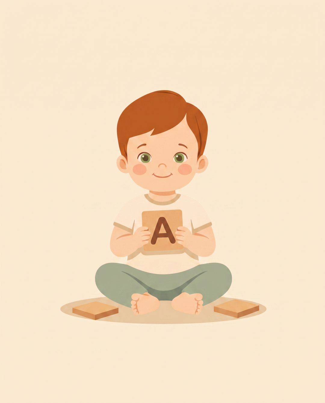 Illustration of a young child with a wooden letter tile — Language & Literacy toys