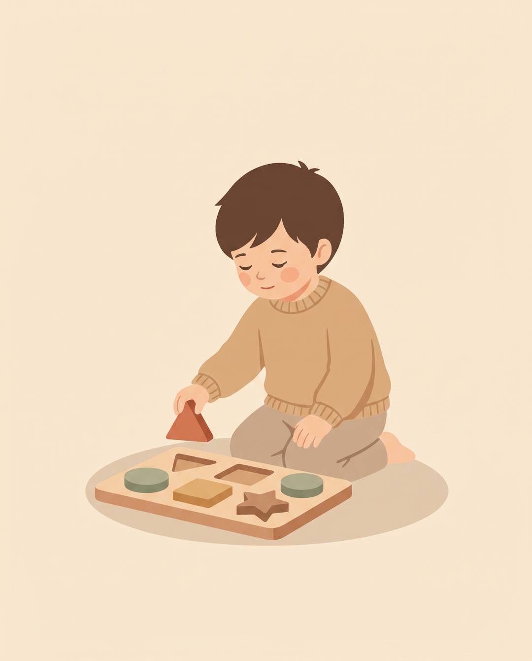 A young child fitting a wooden shape into a puzzle board, flat illustration on warm cream