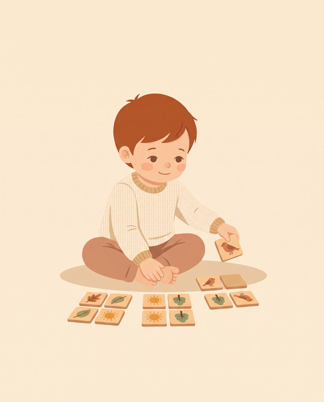 A young child laying out wooden picture tiles in pairs, flat illustration on warm cream