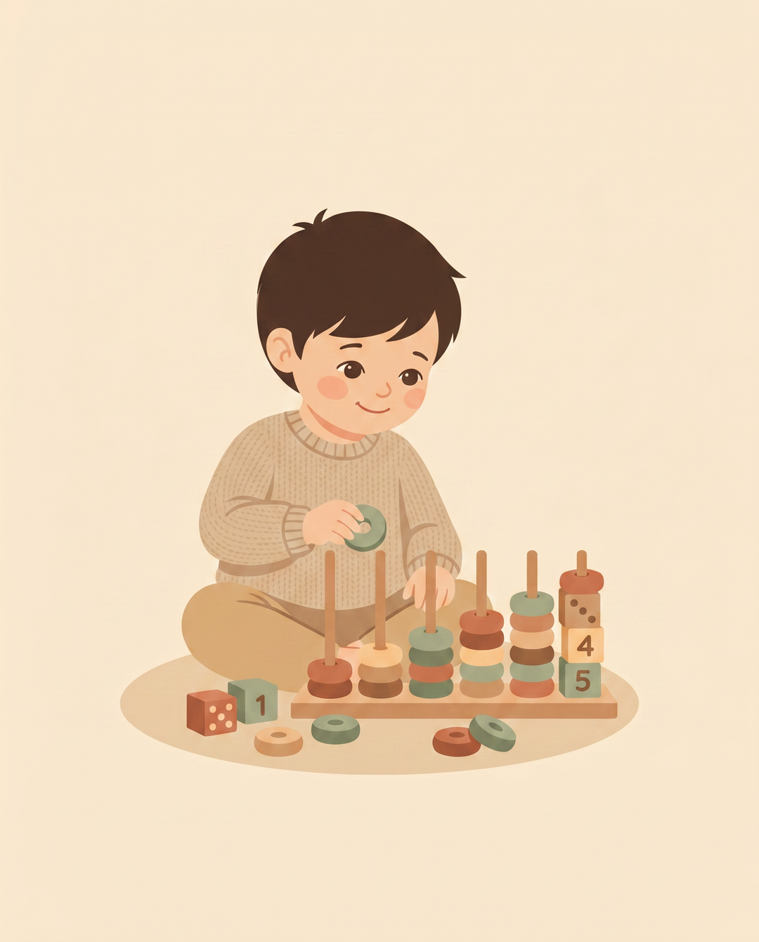 Illustration of a young child with wooden counting blocks — Math & Counting toys