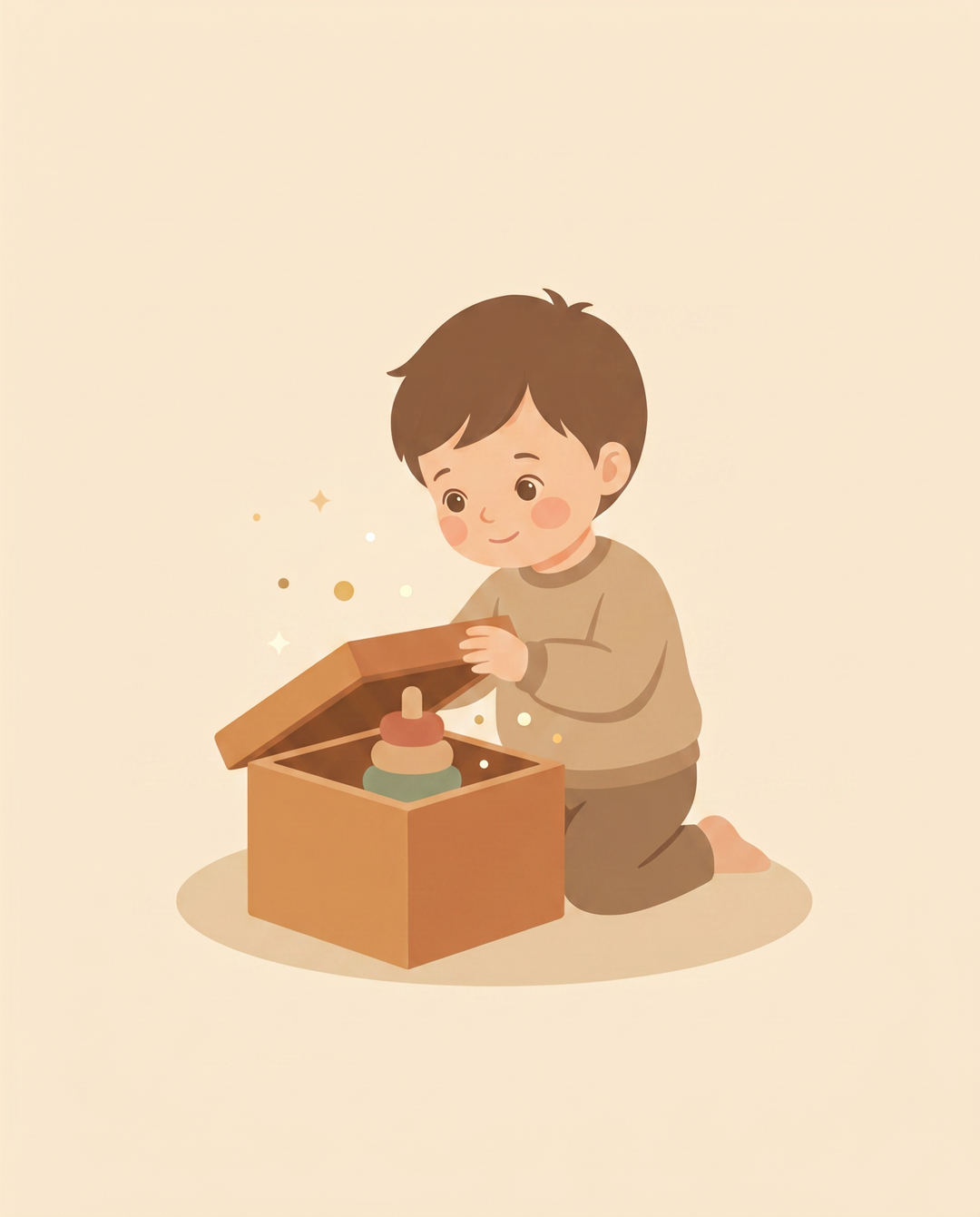 Illustration of a child discovering a new wooden toy — New Arrivals