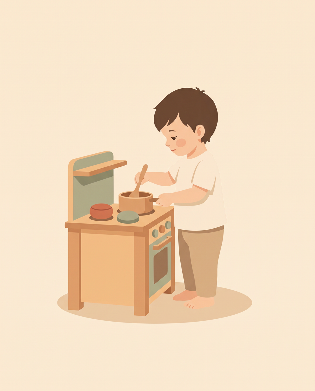A young child stirring a pot at a small wooden play kitchen, flat illustration on warm cream