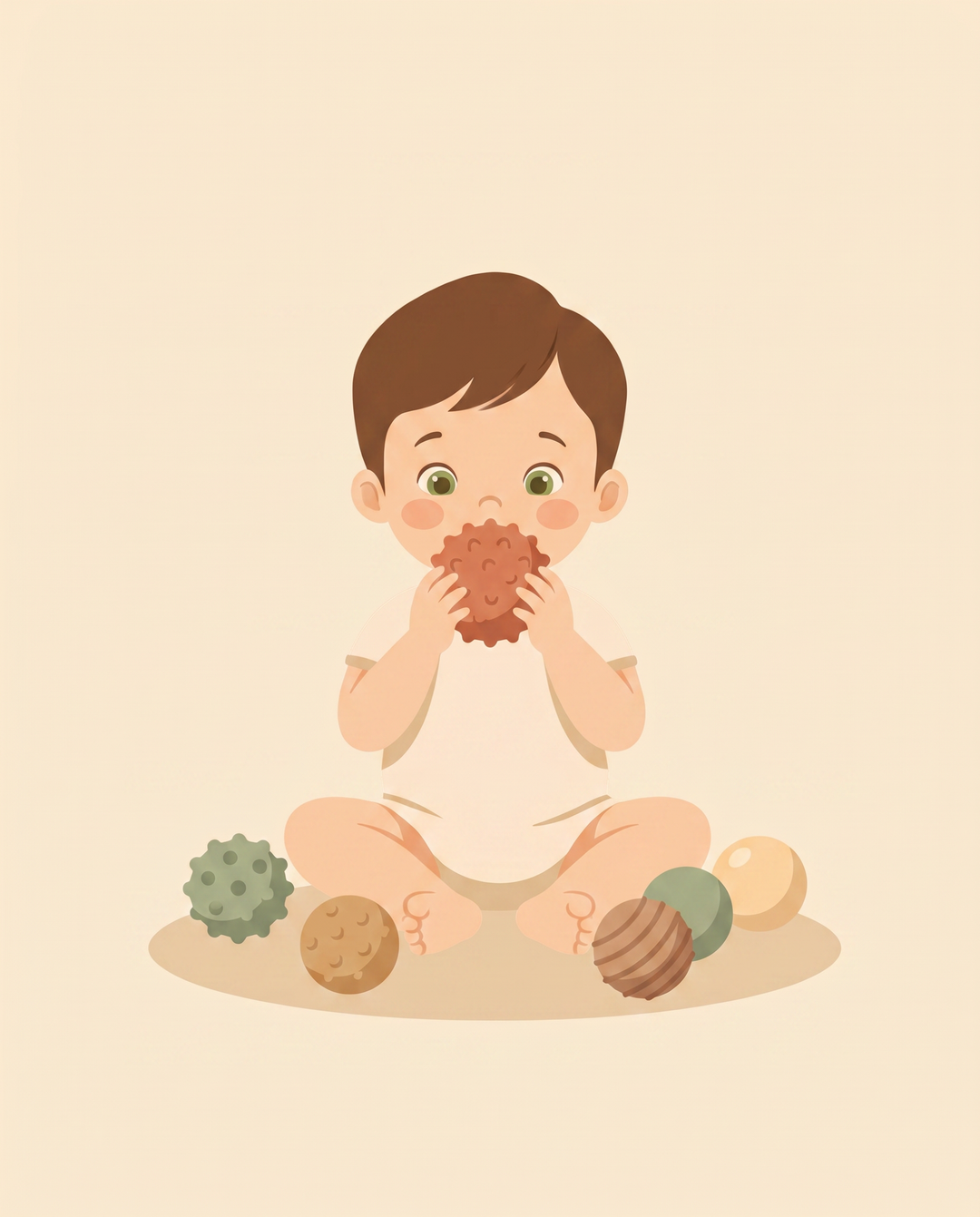 Illustration of a young child exploring soft textured sensory balls — Sensory Toys