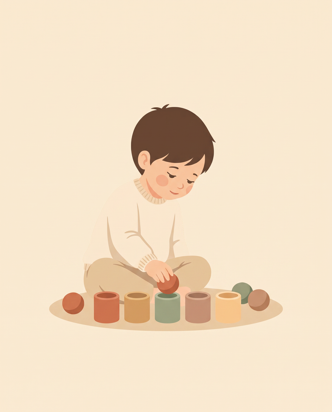 A young child dropping a wooden ball into one of several coloured sorting cups, flat illustration on warm cream