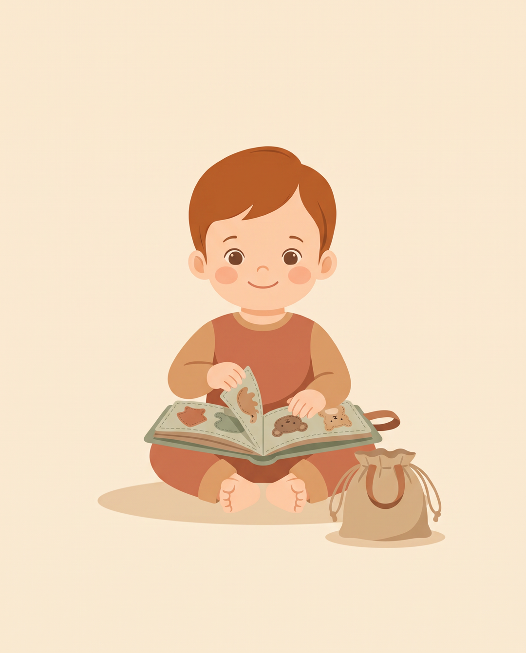 A young child with a soft cloth activity book open on their lap and a small bag beside them, flat illustration on warm cream