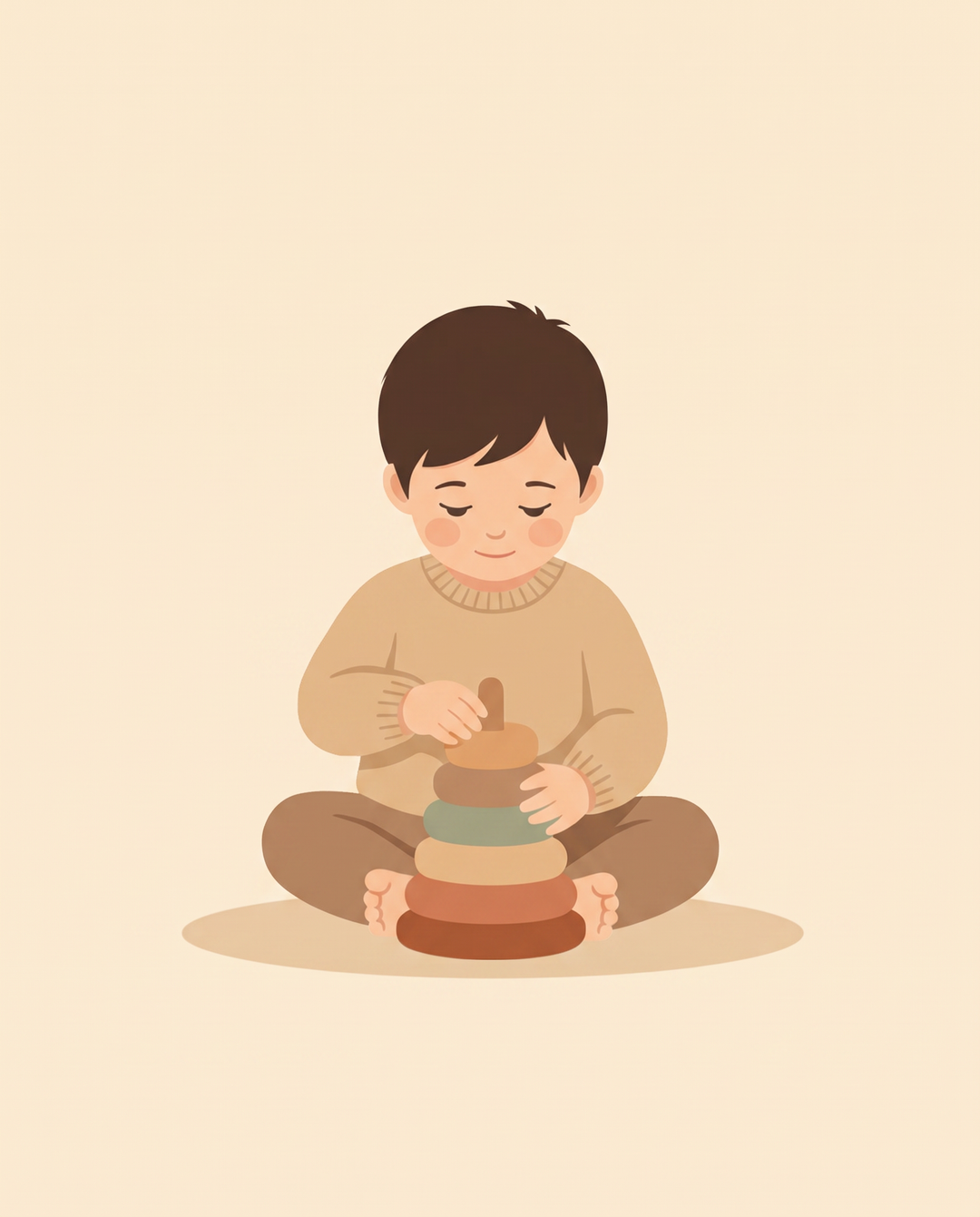 A young child sitting on the floor turning a wooden stacking toy, flat illustration on warm cream