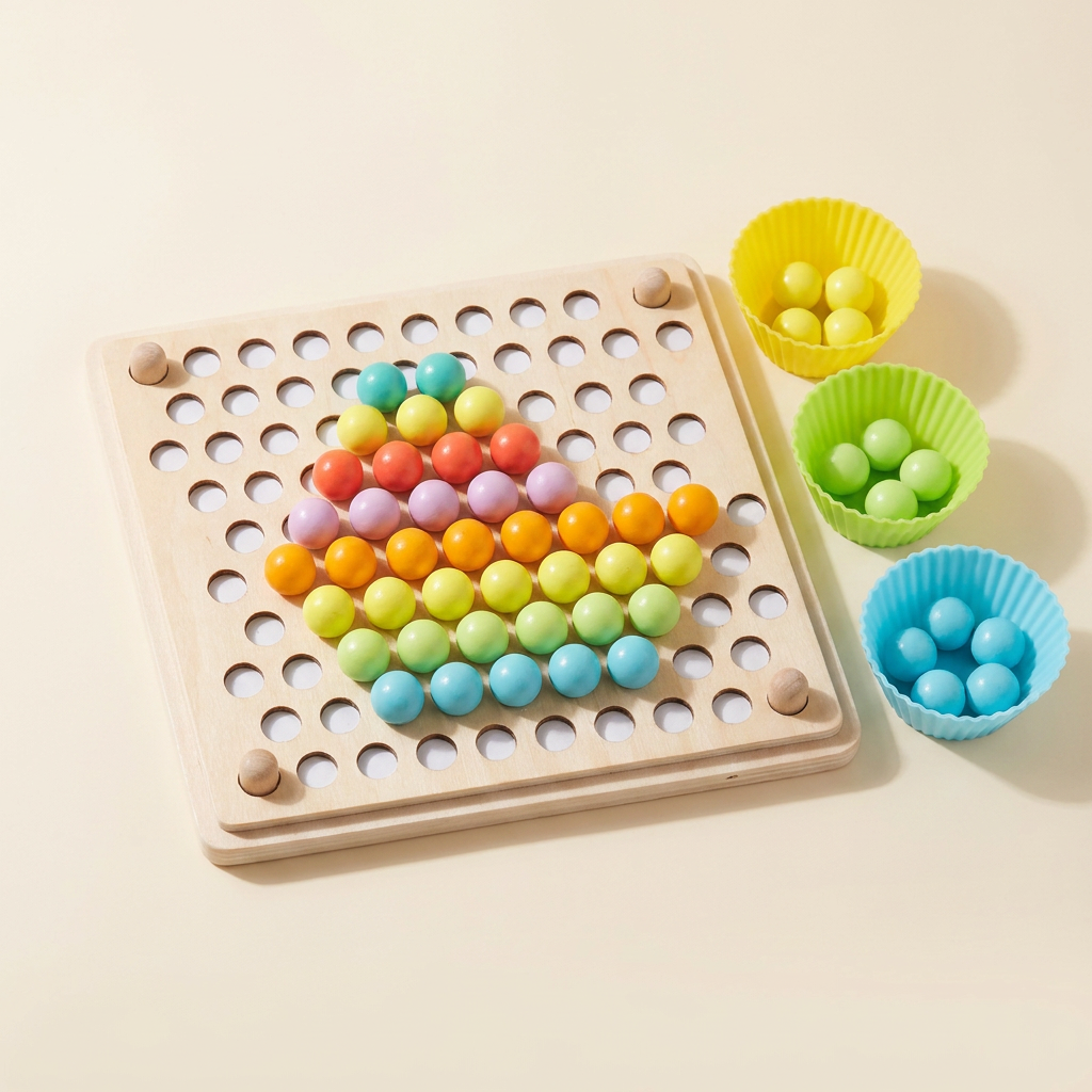 Wooden rainbow bead pegboard and three bead-filled silicone cups on a soft neutral background