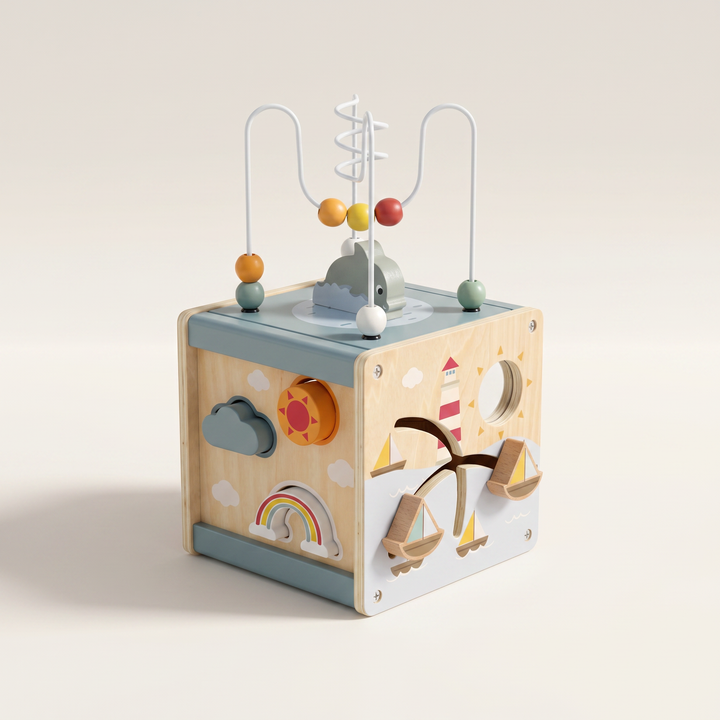 Wooden 5-in-1 Activity Cube for Toddlers — shown on a soft neutral background