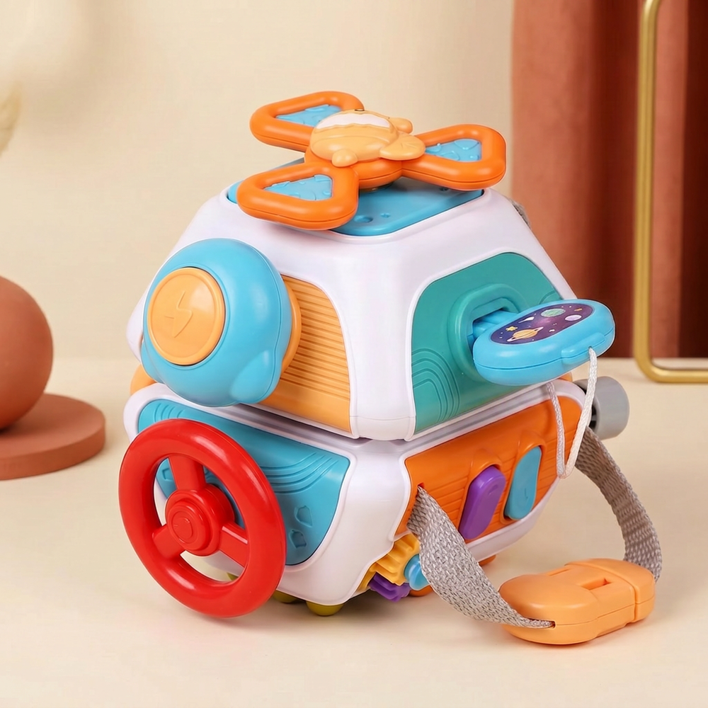 The busy ball turned to show all ten activities - wheel, key, plug, gears and switches