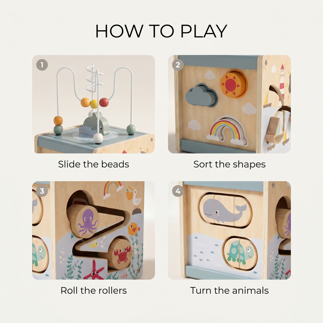 Wooden 5-in-1 Activity Cube for Toddlers — how to use it, step by step