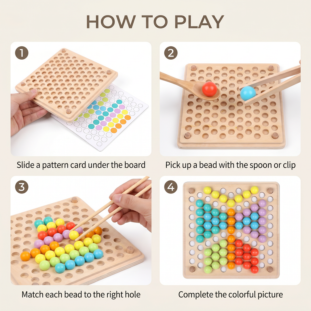Wooden Rainbow Bead Pegboard &amp; Sorting Set — how to use it, step by step