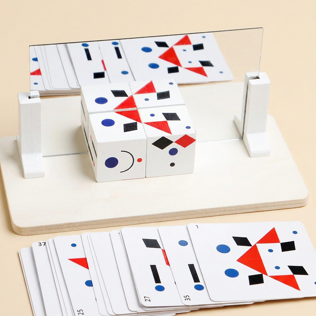 Pattern cubes version: four white pattern cubes on the mirror base with the card deck in front