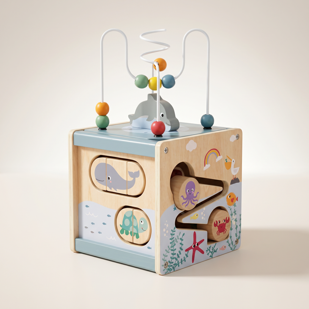 Wooden 5-in-1 Activity Cube for Toddlers — close-up of the wooden pieces