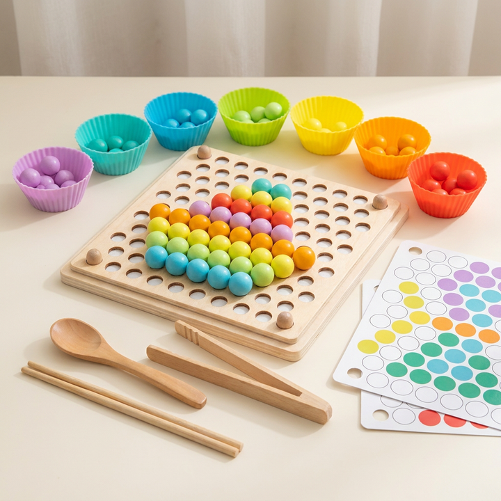 Everything included: the wooden pegboard, seven rainbow silicone cups, wooden beads, two pattern cards, a wooden spoon and chopsticks