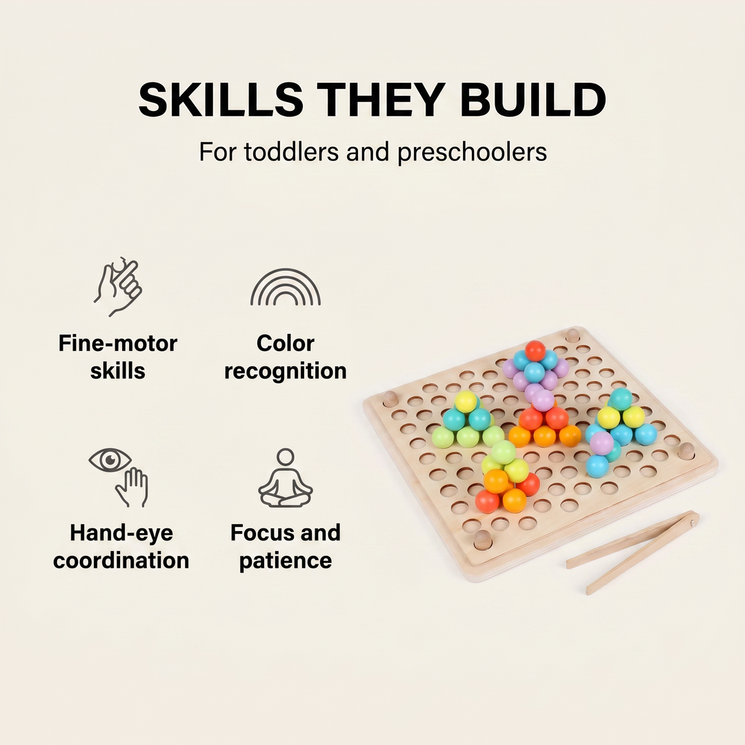 Wooden Rainbow Bead Pegboard &amp; Sorting Set — developmental benefits by age