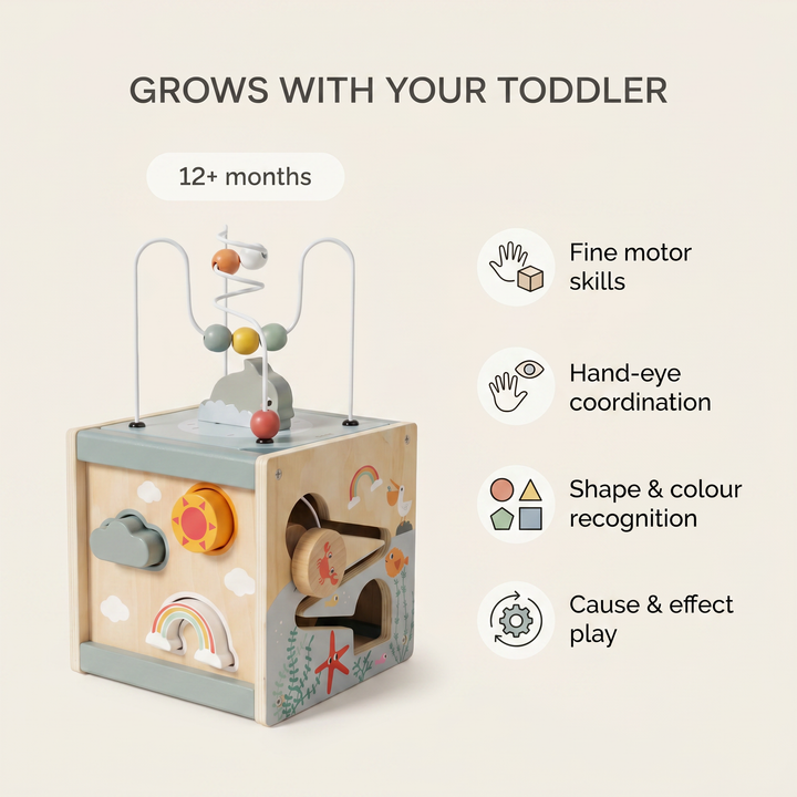 Wooden 5-in-1 Activity Cube for Toddlers — developmental benefits by age