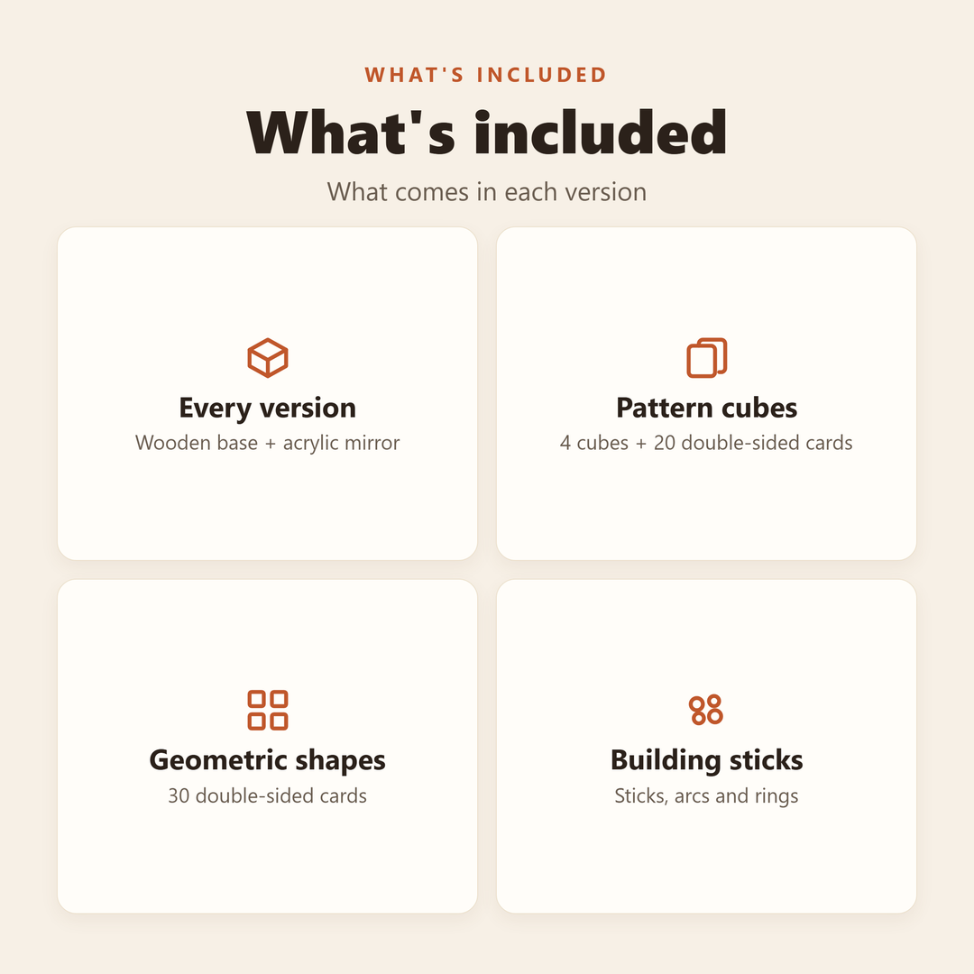 What comes in each version: a wooden base and acrylic mirror throughout, plus 4 cubes and 20 double-sided cards, 30 double-sided cards, or sticks, arcs and rings